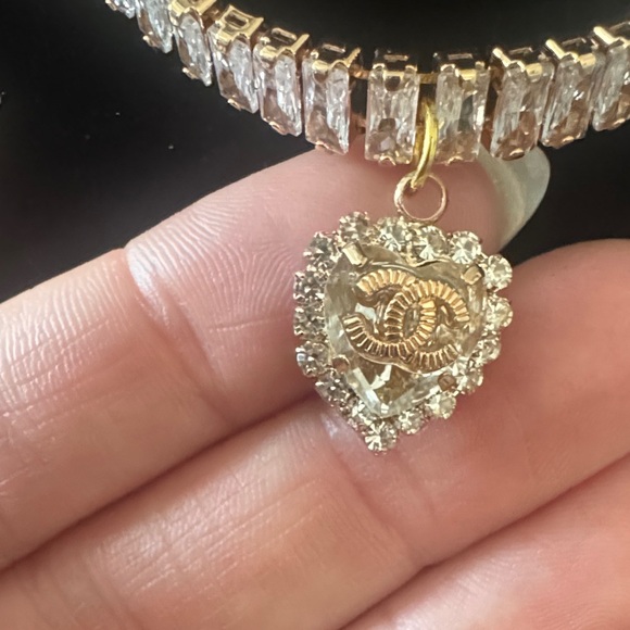 Upcycled Chanel charm on Gold Rhinestone Tennis Necklace - Picture 8 of 8